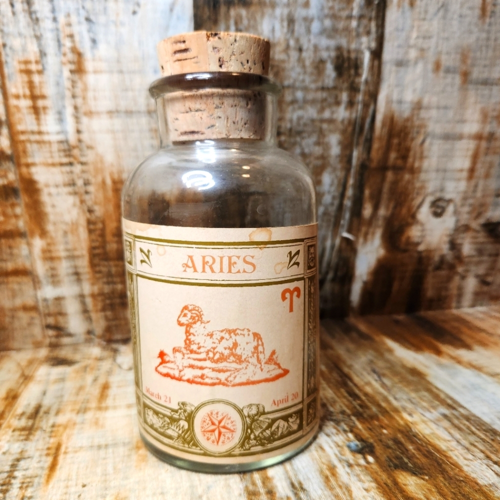 Vintage Clear Glass Apothecary Bottle with Cork Aries Label Astrology Zodiac 6"